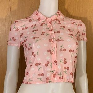 Pink Red Cherry Mesh Button Up Shirt